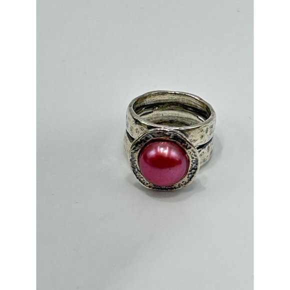 Didae Israel Sterling Silver Dyed Red Pearl Ring Size 5 925 Hammered Design - Picture 2 of 11